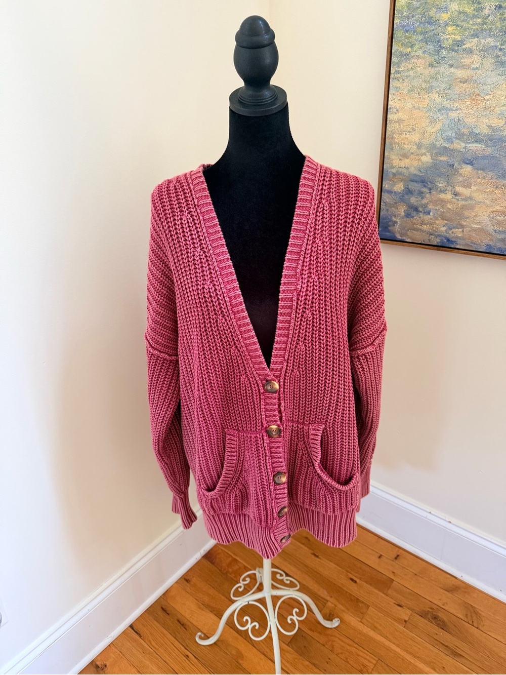 Sundance Womens sz Med chunky Knit Cotton Button Front Cardigan Sweater Pink
